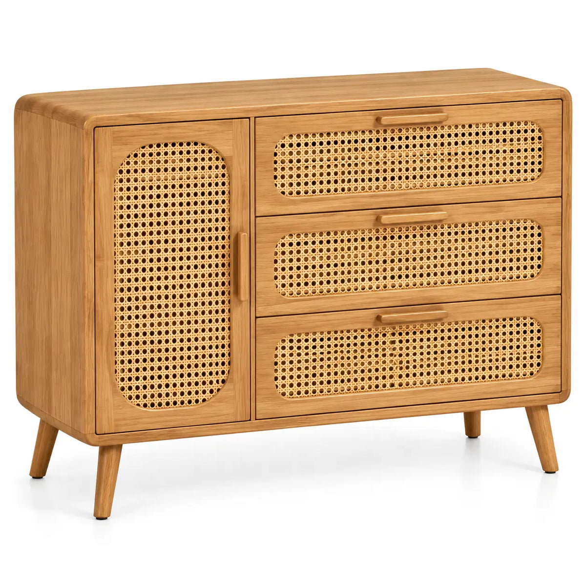 Credenza, anta intrecciata e tre cassetti laterali, marrone
