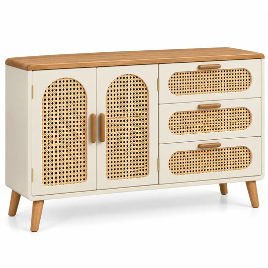 Credenza, due ante intrecciate e tre cassetti laterali, beige/marrone