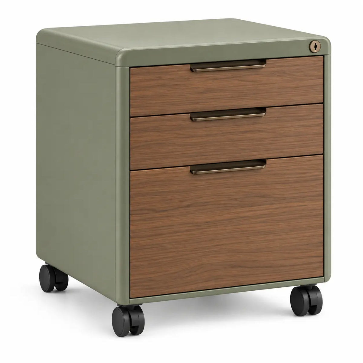 Cassettiera, tre cassetti e base con ruote, verde/marrone