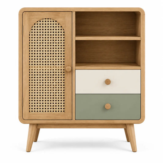 Credenza, anta intrecciata, ripiani e due cassetti, marrone/beige/verde