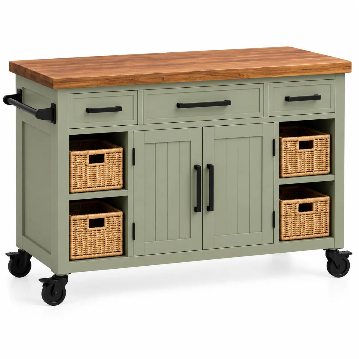 Carrello da cucina, due ante, cassetti e cestelli laterali, verde/marrone