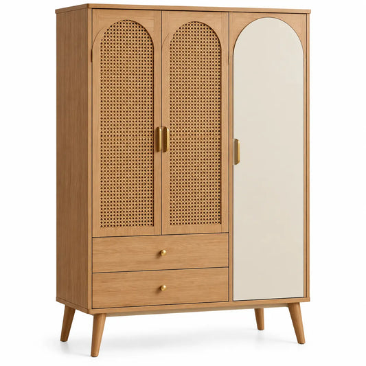 Armadio, ante intrecciate e specchio laterale, marrone/beige