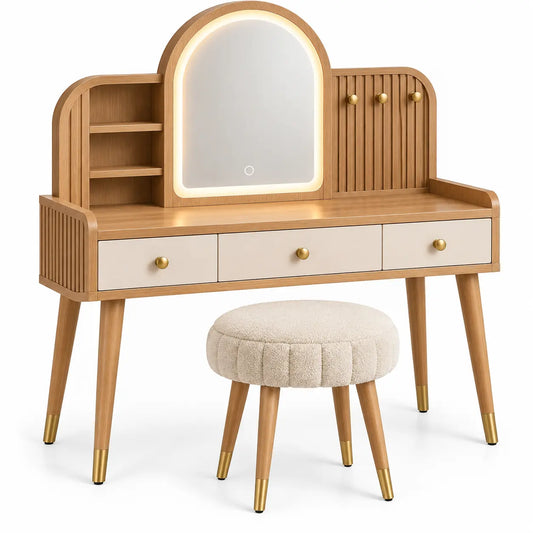 Mobile da toeletta con specchio, specchio arcuato, cassetti e sgabello rotondo, marrone/beige