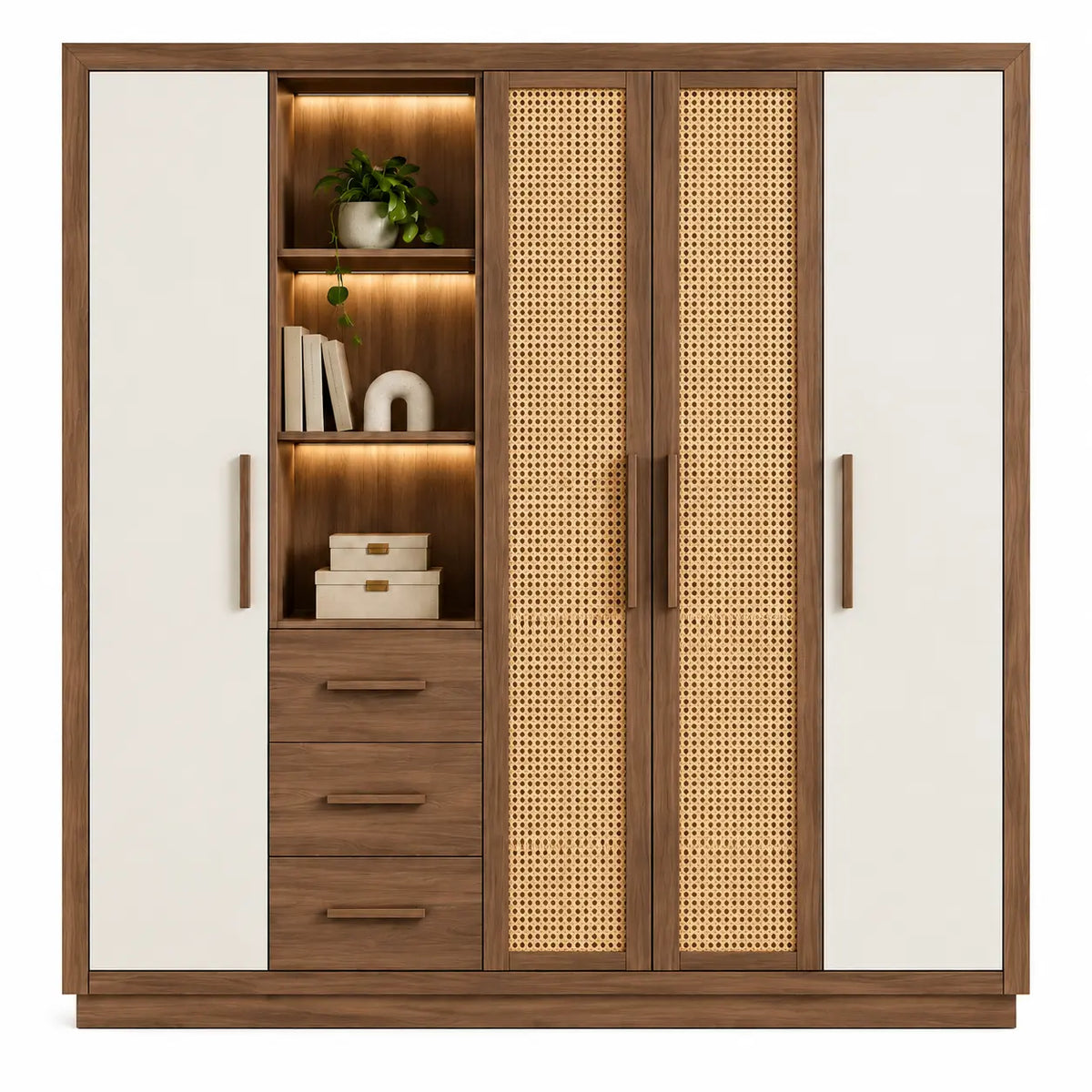 Armadio, ante con inserti intrecciati e vano centrale aperto, marrone/beige