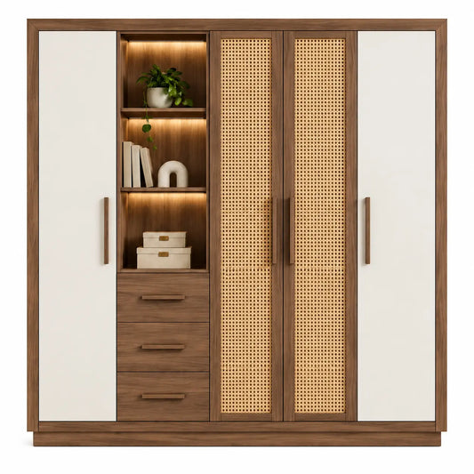 Armadio, ante con inserti intrecciati e vano centrale aperto, marrone/beige